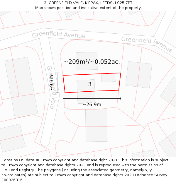 3, GREENFIELD VALE, KIPPAX, LEEDS, LS25 7PT: Plot and title map
