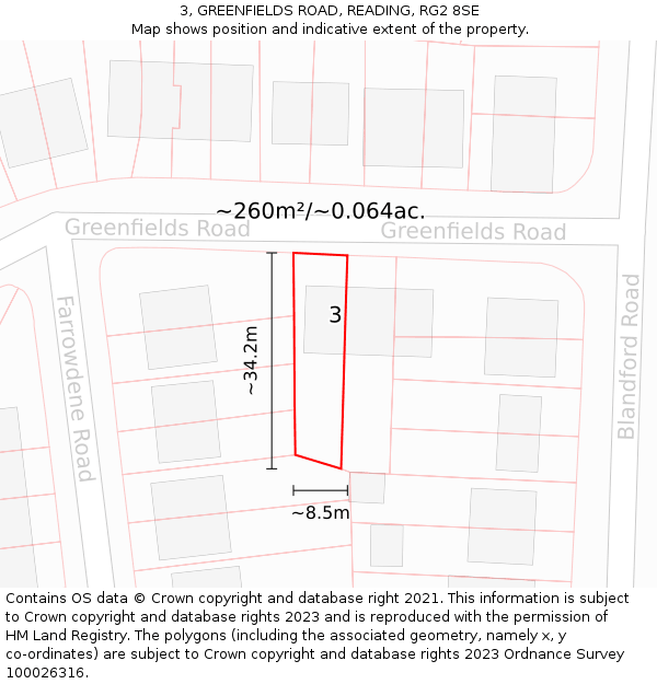 3, GREENFIELDS ROAD, READING, RG2 8SE: Plot and title map