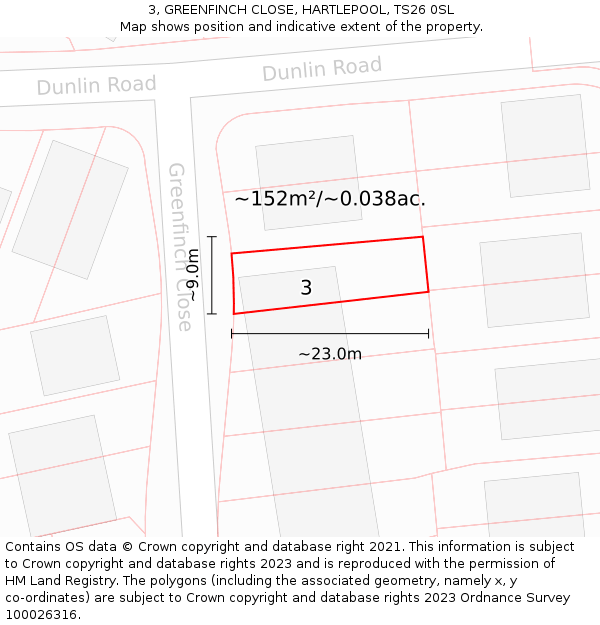 3, GREENFINCH CLOSE, HARTLEPOOL, TS26 0SL: Plot and title map