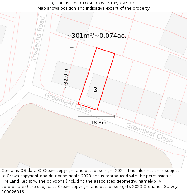3, GREENLEAF CLOSE, COVENTRY, CV5 7BG: Plot and title map