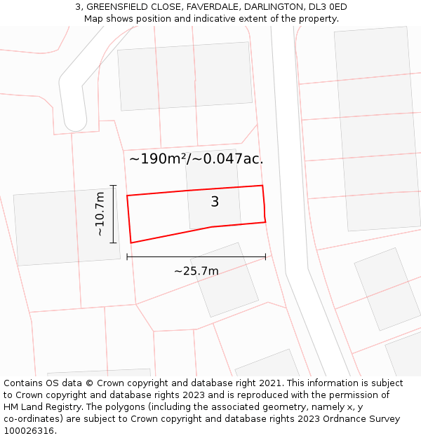 3, GREENSFIELD CLOSE, FAVERDALE, DARLINGTON, DL3 0ED: Plot and title map
