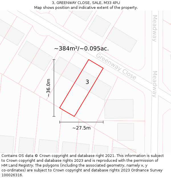 3, GREENWAY CLOSE, SALE, M33 4PU: Plot and title map