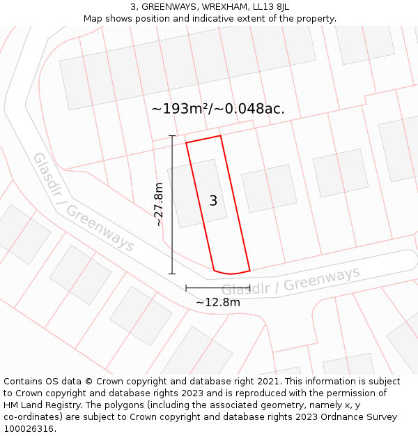 3, GREENWAYS, WREXHAM, LL13 8JL: Plot and title map