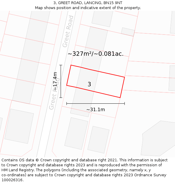 3, GREET ROAD, LANCING, BN15 9NT: Plot and title map
