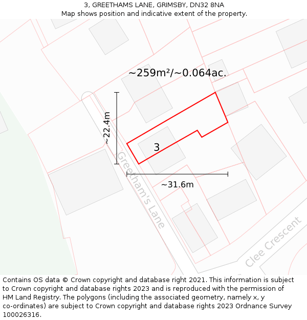 3, GREETHAMS LANE, GRIMSBY, DN32 8NA: Plot and title map
