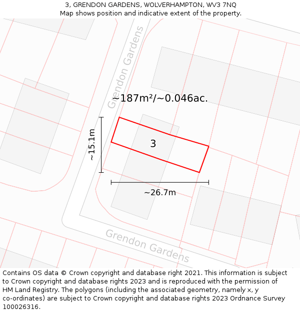 3, GRENDON GARDENS, WOLVERHAMPTON, WV3 7NQ: Plot and title map