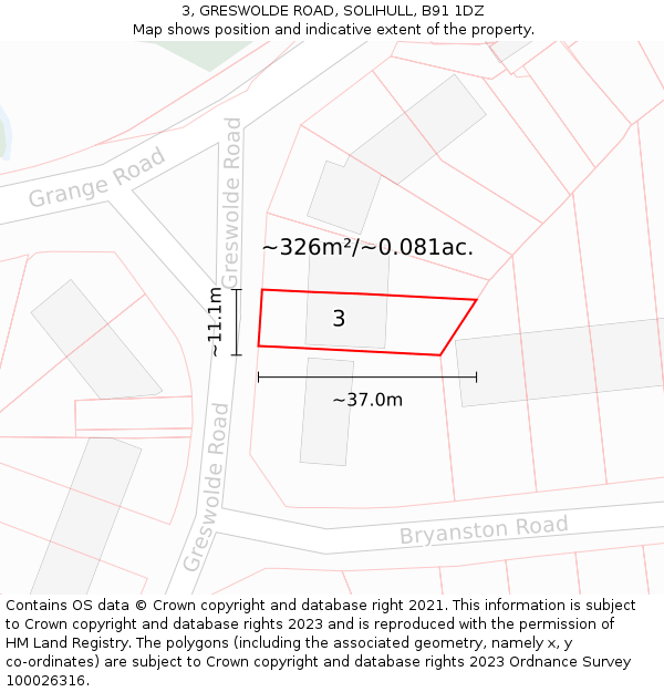 3, GRESWOLDE ROAD, SOLIHULL, B91 1DZ: Plot and title map