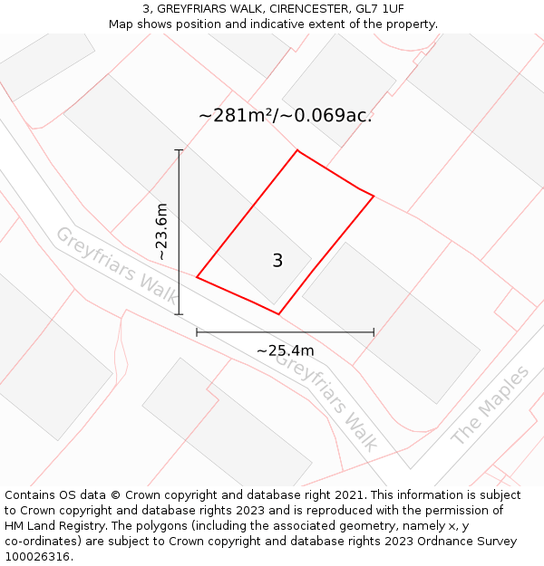 3, GREYFRIARS WALK, CIRENCESTER, GL7 1UF: Plot and title map