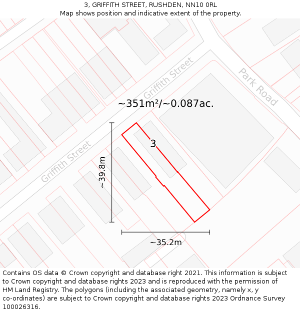 3, GRIFFITH STREET, RUSHDEN, NN10 0RL: Plot and title map