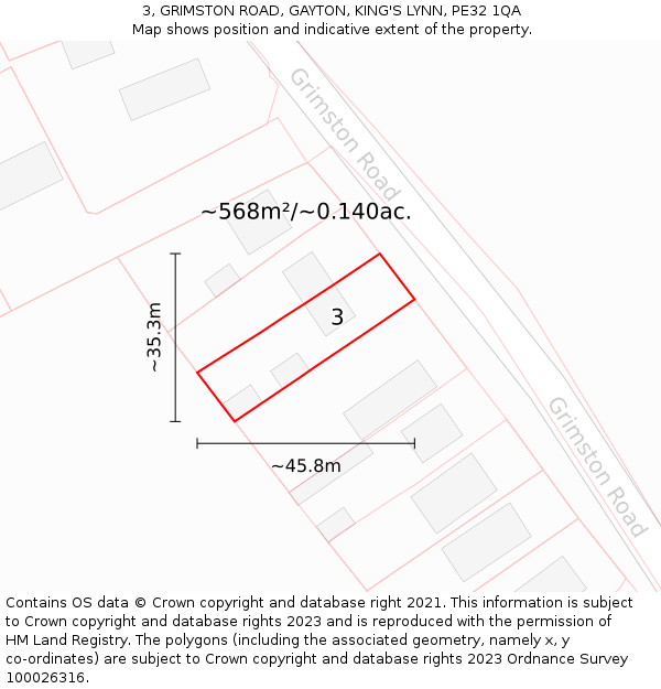 3, GRIMSTON ROAD, GAYTON, KING'S LYNN, PE32 1QA: Plot and title map
