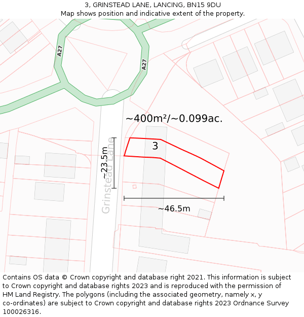 3, GRINSTEAD LANE, LANCING, BN15 9DU: Plot and title map