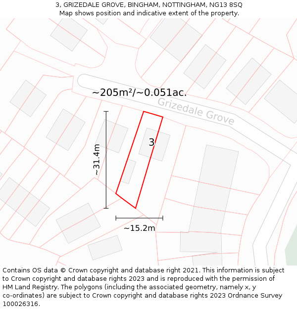 3, GRIZEDALE GROVE, BINGHAM, NOTTINGHAM, NG13 8SQ: Plot and title map