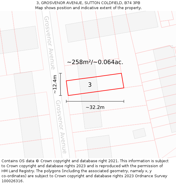 3, GROSVENOR AVENUE, SUTTON COLDFIELD, B74 3PB: Plot and title map