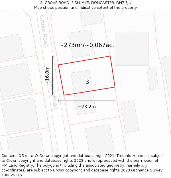 3, GROVE ROAD, FISHLAKE, DONCASTER, DN7 5JU: Plot and title map