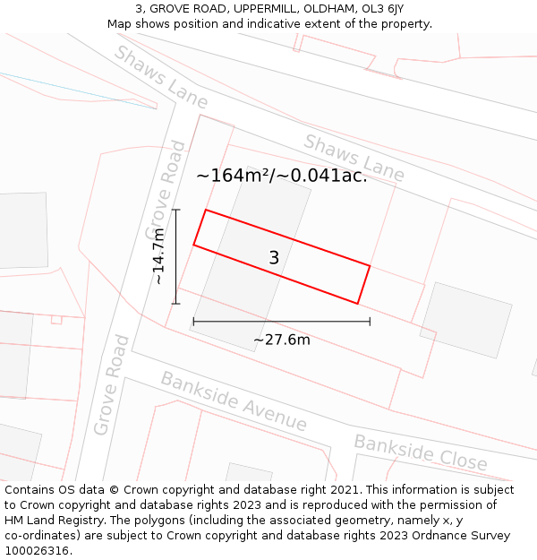 3, GROVE ROAD, UPPERMILL, OLDHAM, OL3 6JY: Plot and title map