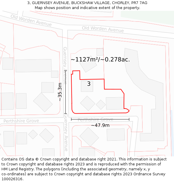3, GUERNSEY AVENUE, BUCKSHAW VILLAGE, CHORLEY, PR7 7AG: Plot and title map