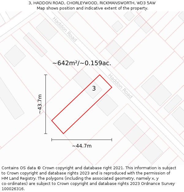 3, HADDON ROAD, CHORLEYWOOD, RICKMANSWORTH, WD3 5AW: Plot and title map