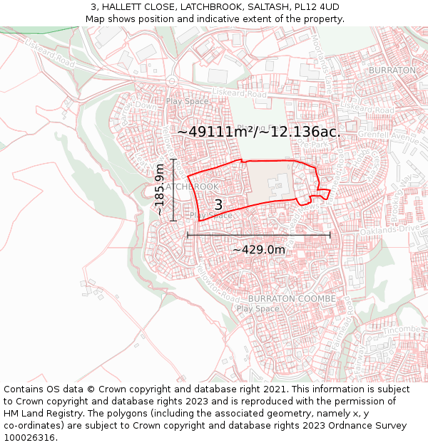 3, HALLETT CLOSE, LATCHBROOK, SALTASH, PL12 4UD: Plot and title map