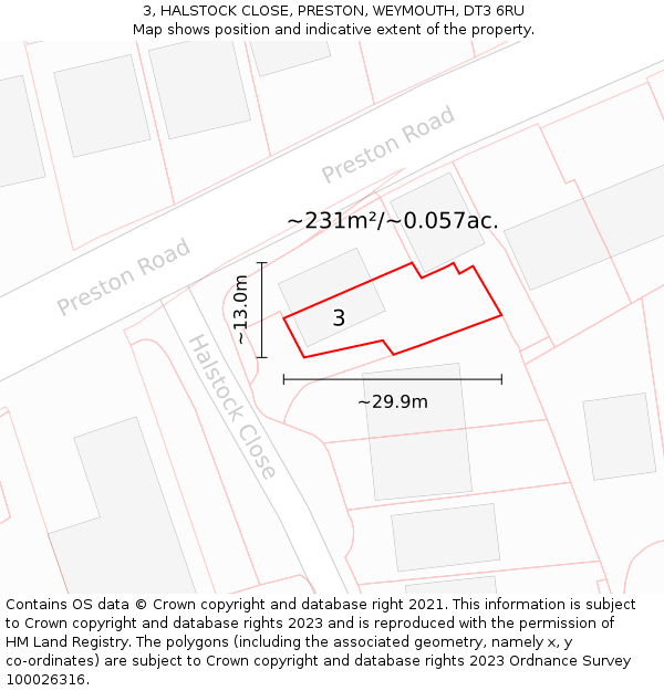 3, HALSTOCK CLOSE, PRESTON, WEYMOUTH, DT3 6RU: Plot and title map