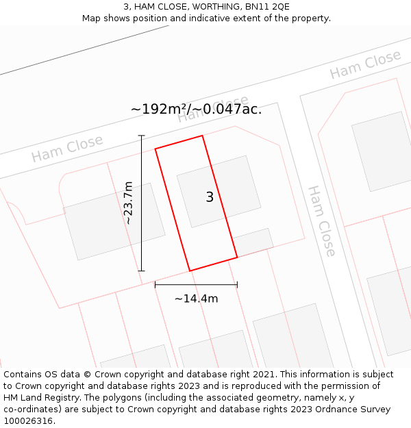 3, HAM CLOSE, WORTHING, BN11 2QE: Plot and title map