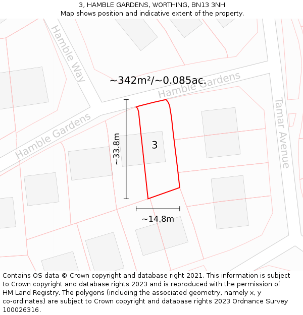 3, HAMBLE GARDENS, WORTHING, BN13 3NH: Plot and title map