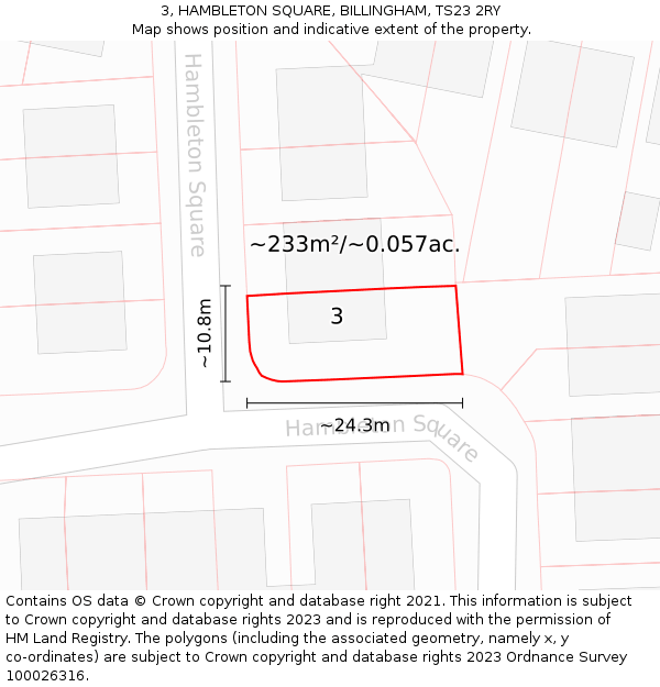 3, HAMBLETON SQUARE, BILLINGHAM, TS23 2RY: Plot and title map