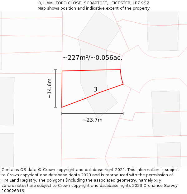 3, HAMILFORD CLOSE, SCRAPTOFT, LEICESTER, LE7 9SZ: Plot and title map
