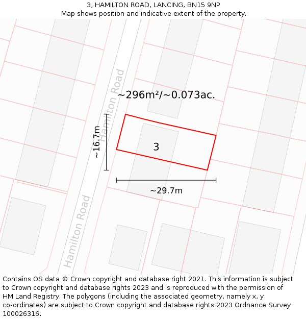 3, HAMILTON ROAD, LANCING, BN15 9NP: Plot and title map
