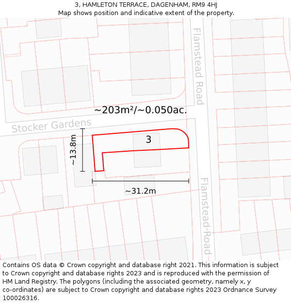 3, HAMLETON TERRACE, DAGENHAM, RM9 4HJ: Plot and title map