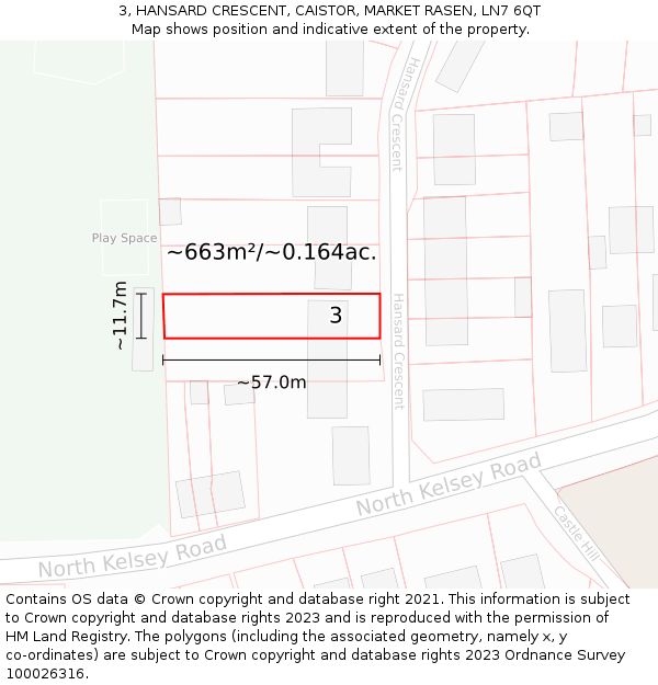 3, HANSARD CRESCENT, CAISTOR, MARKET RASEN, LN7 6QT: Plot and title map