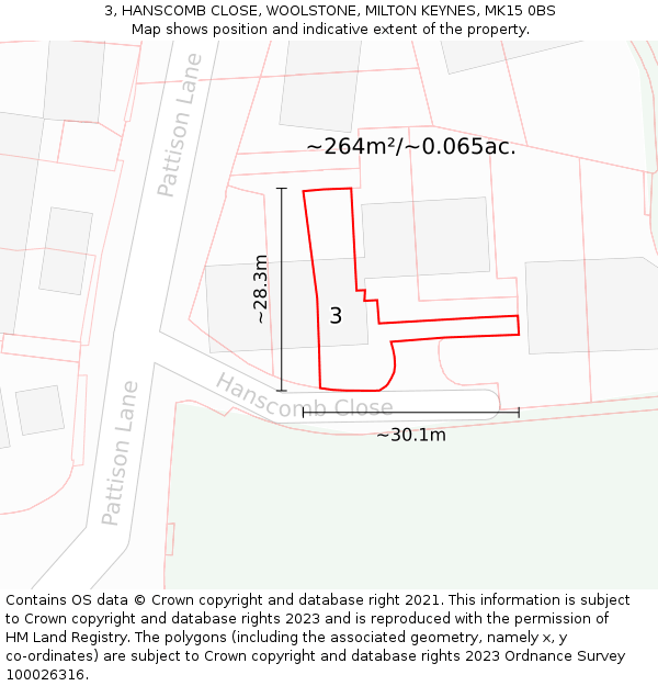 3, HANSCOMB CLOSE, WOOLSTONE, MILTON KEYNES, MK15 0BS: Plot and title map