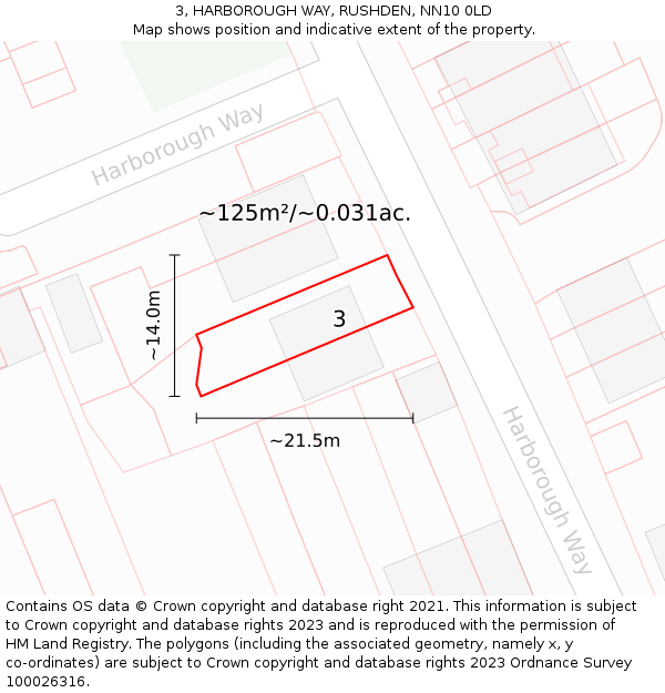 3, HARBOROUGH WAY, RUSHDEN, NN10 0LD: Plot and title map