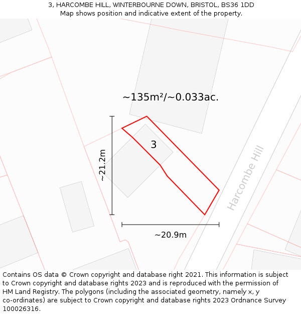 3, HARCOMBE HILL, WINTERBOURNE DOWN, BRISTOL, BS36 1DD: Plot and title map