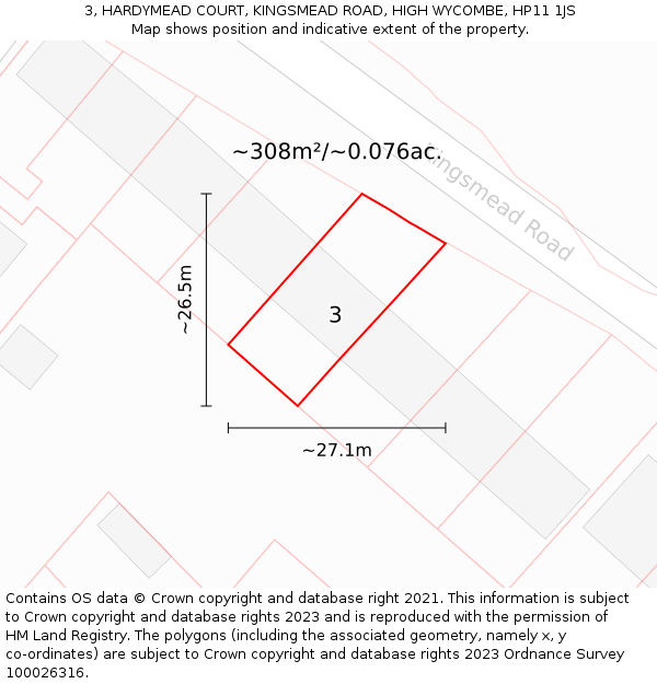 3, HARDYMEAD COURT, KINGSMEAD ROAD, HIGH WYCOMBE, HP11 1JS: Plot and title map