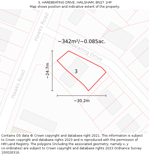 3, HAREBEATING DRIVE, HAILSHAM, BN27 1HP: Plot and title map