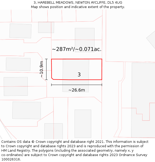 3, HAREBELL MEADOWS, NEWTON AYCLIFFE, DL5 4UG: Plot and title map