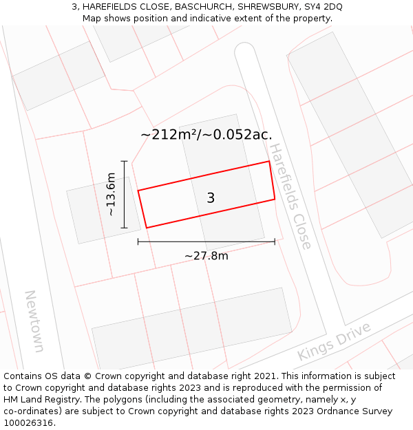 3, HAREFIELDS CLOSE, BASCHURCH, SHREWSBURY, SY4 2DQ: Plot and title map