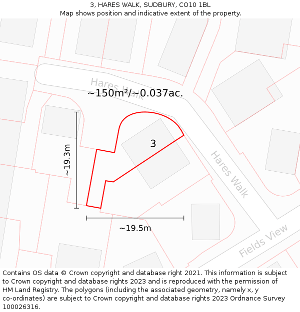 3, HARES WALK, SUDBURY, CO10 1BL: Plot and title map