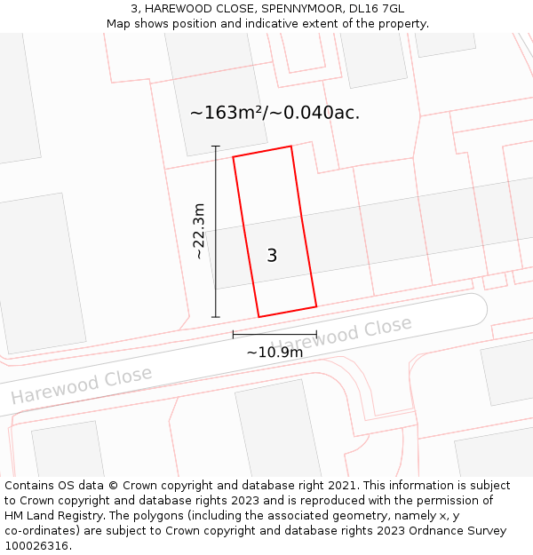 3, HAREWOOD CLOSE, SPENNYMOOR, DL16 7GL: Plot and title map
