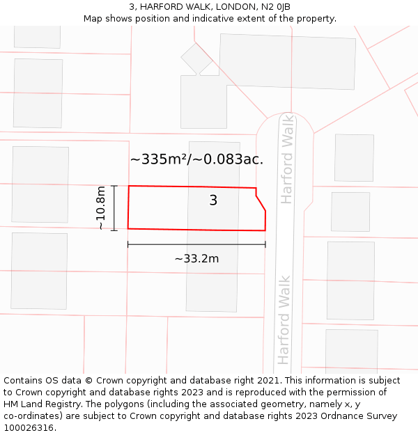 3, HARFORD WALK, LONDON, N2 0JB: Plot and title map