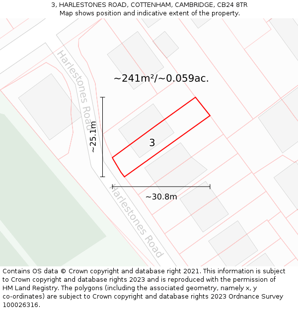 3, HARLESTONES ROAD, COTTENHAM, CAMBRIDGE, CB24 8TR: Plot and title map