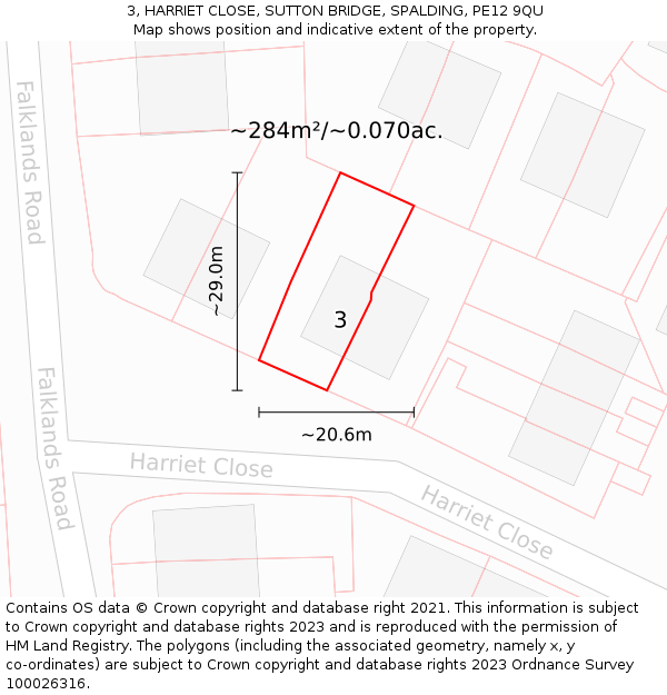 3, HARRIET CLOSE, SUTTON BRIDGE, SPALDING, PE12 9QU: Plot and title map