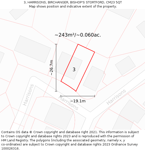 3, HARRISONS, BIRCHANGER, BISHOP'S STORTFORD, CM23 5QT: Plot and title map