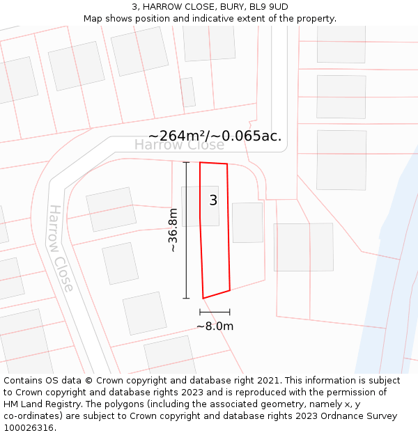 3, HARROW CLOSE, BURY, BL9 9UD: Plot and title map