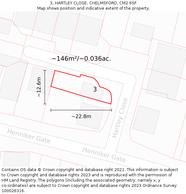 3, HARTLEY CLOSE, CHELMSFORD, CM2 6SF: Plot and title map