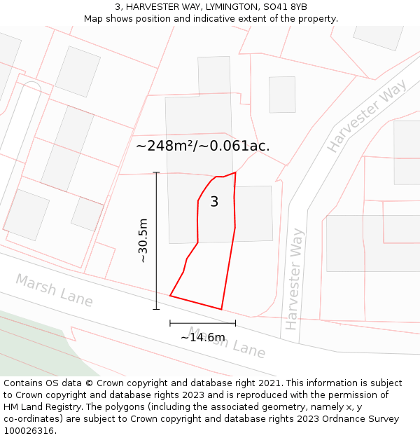 3, HARVESTER WAY, LYMINGTON, SO41 8YB: Plot and title map