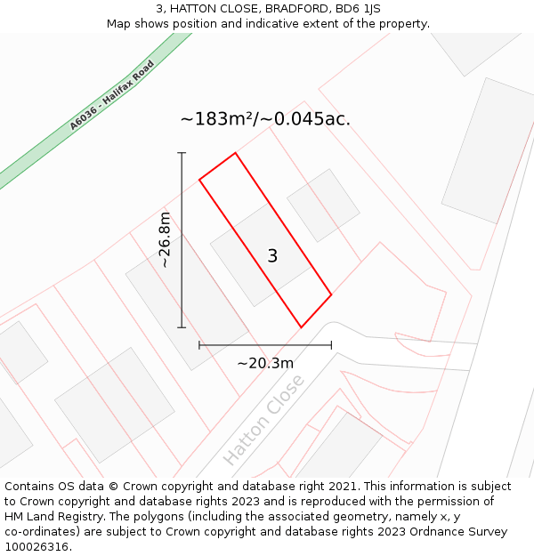 3, HATTON CLOSE, BRADFORD, BD6 1JS: Plot and title map