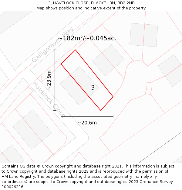 3, HAVELOCK CLOSE, BLACKBURN, BB2 2NB: Plot and title map