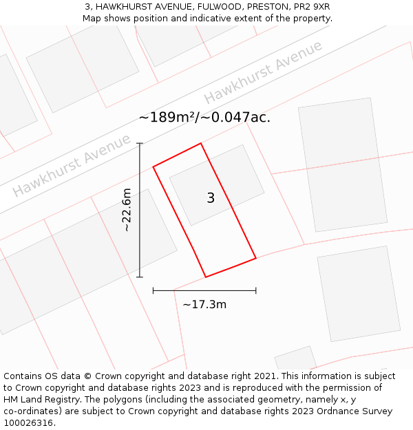 3, HAWKHURST AVENUE, FULWOOD, PRESTON, PR2 9XR: Plot and title map