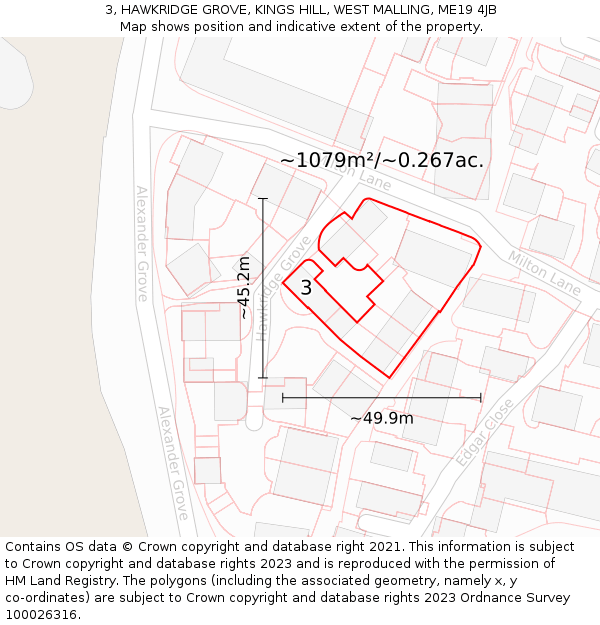 3, HAWKRIDGE GROVE, KINGS HILL, WEST MALLING, ME19 4JB: Plot and title map